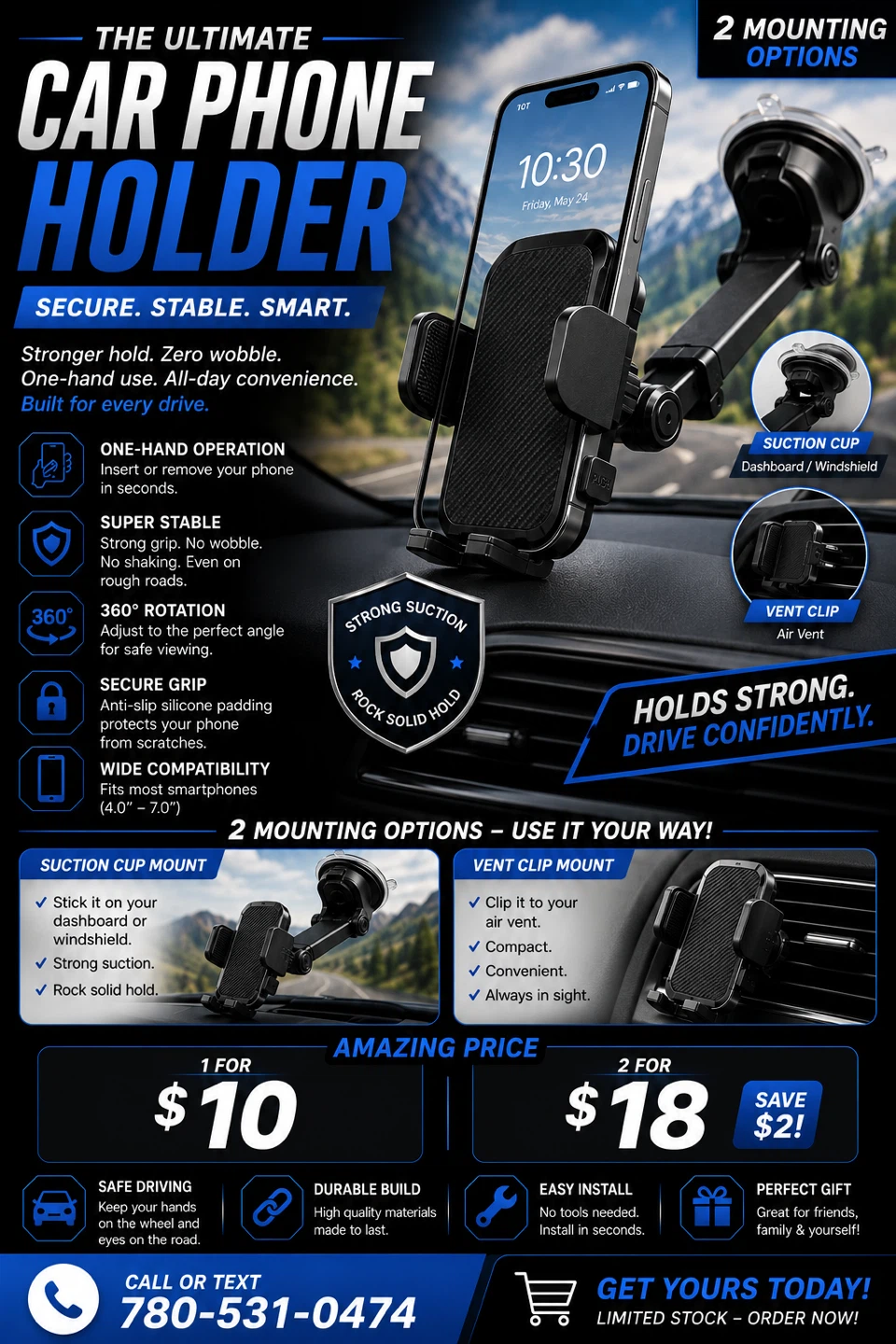Ultimate Car Phone Holder with 2 Mounting Options