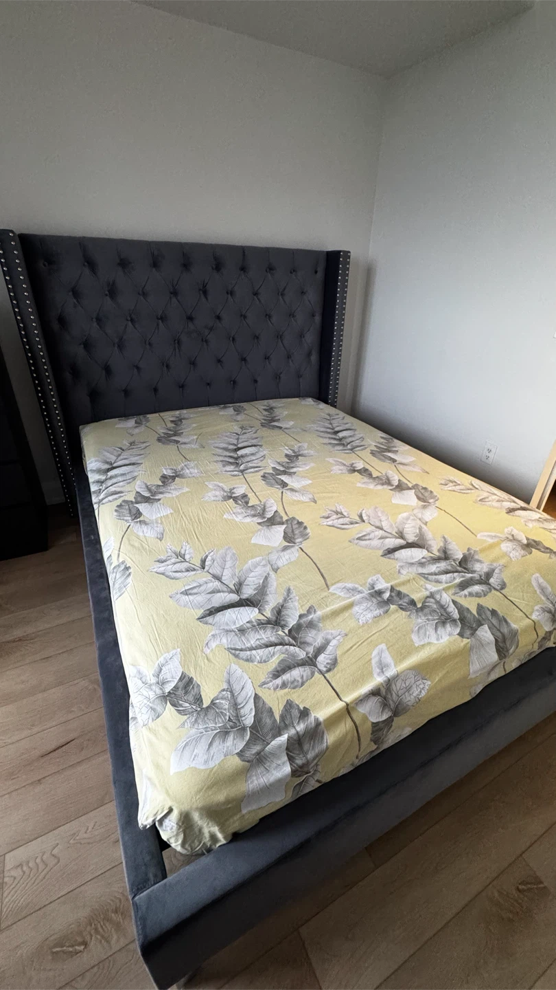 Queen Bed Frame + Mattress + free Pillows and comforters