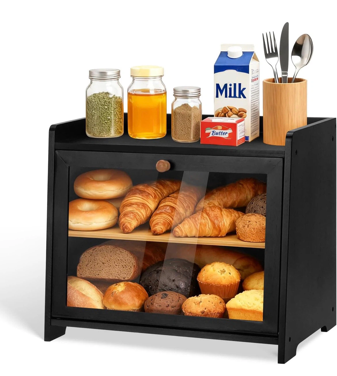 Black Wooden Bread Box with Glass Door