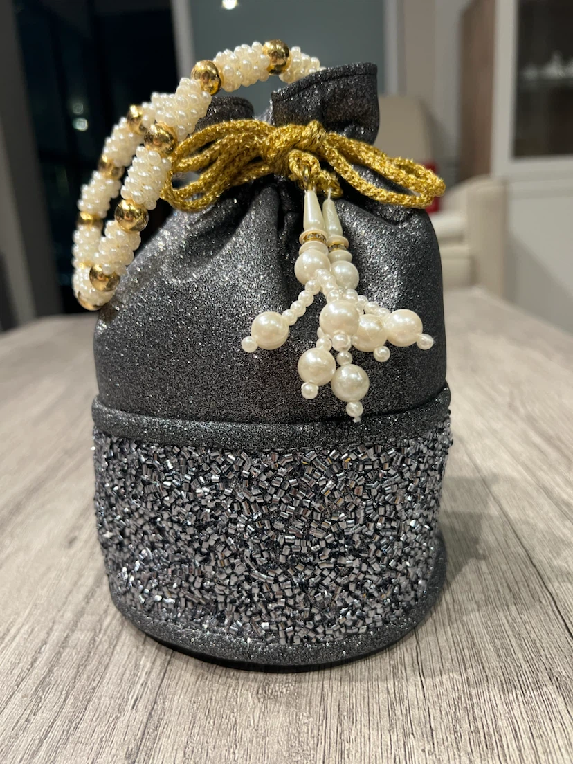 Sparkly Dark Grey Potli Bag with Pearl Detailing