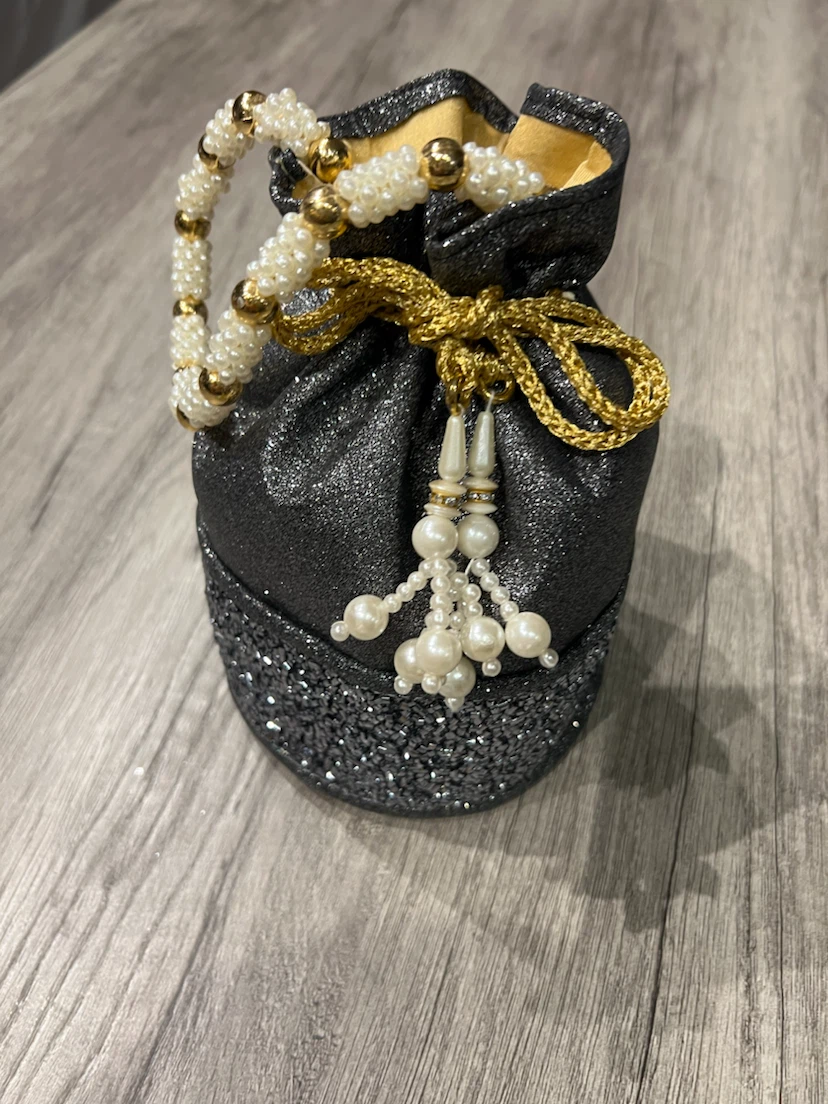 Sparkly Dark Grey Potli Bag with Pearl Detailing - photo 3