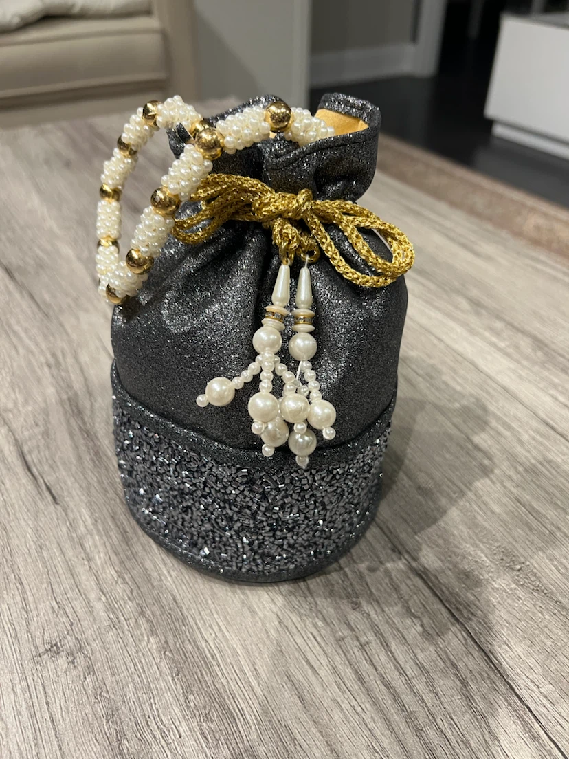 Sparkly Dark Grey Potli Bag with Pearl Detailing - photo 5