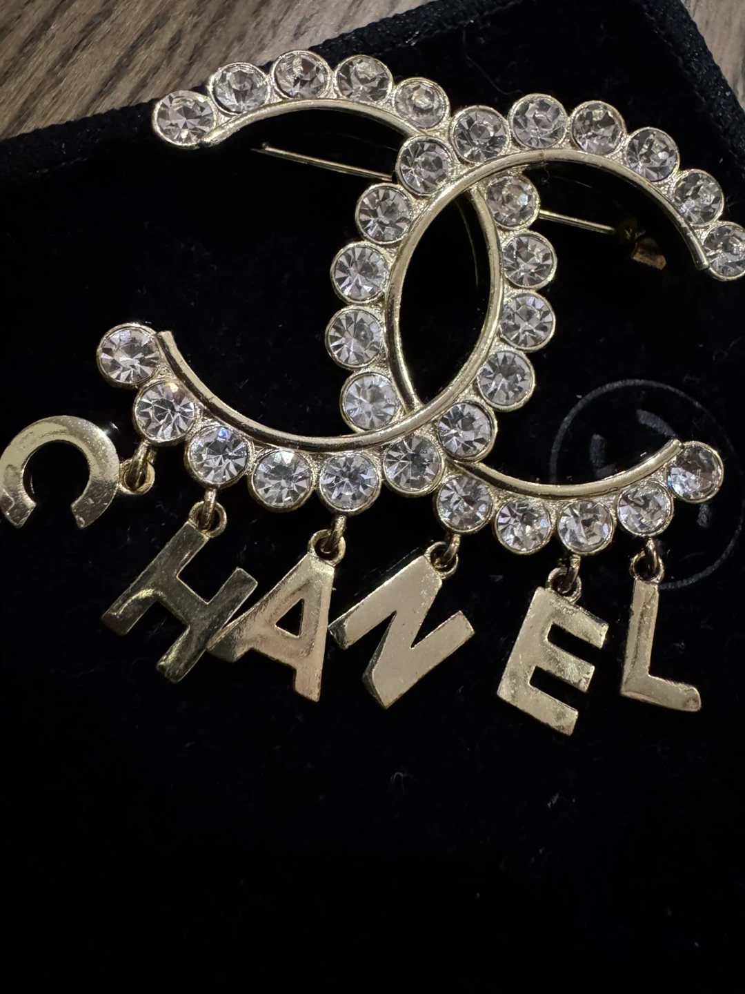 Chanel Rhinestone Logo Brooch