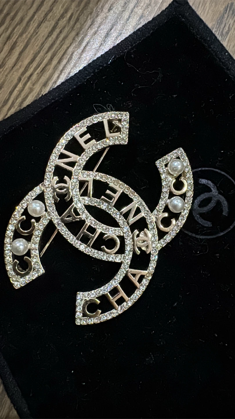 Chanel CC Logo Rhinestone and Pearl Brooch