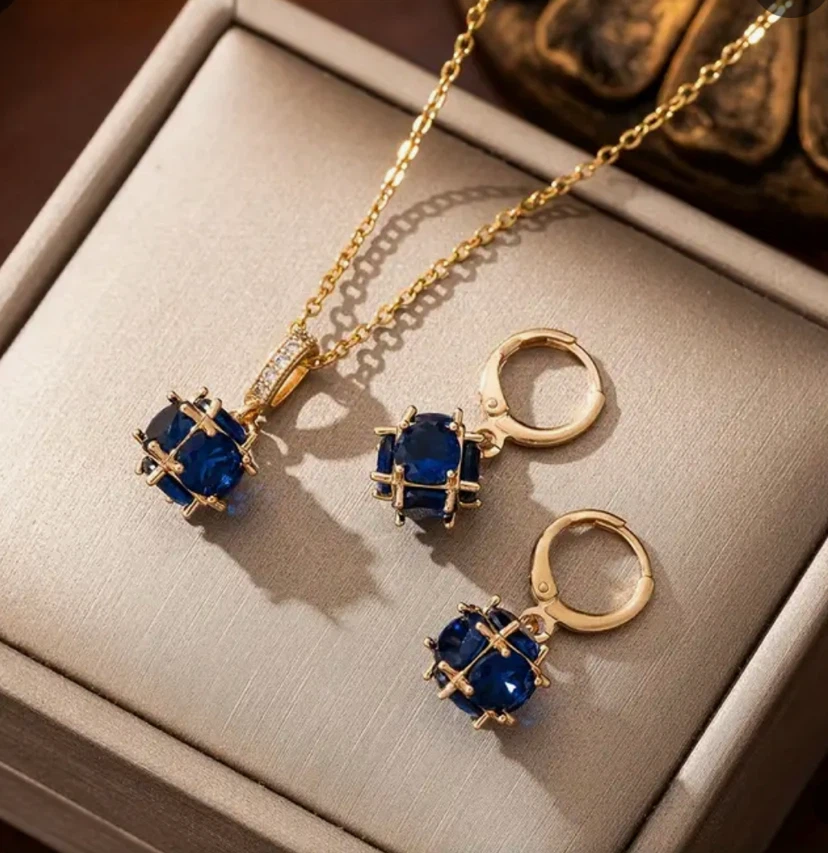 Blue Stone Pendant Necklace and Hoop Earrings Set