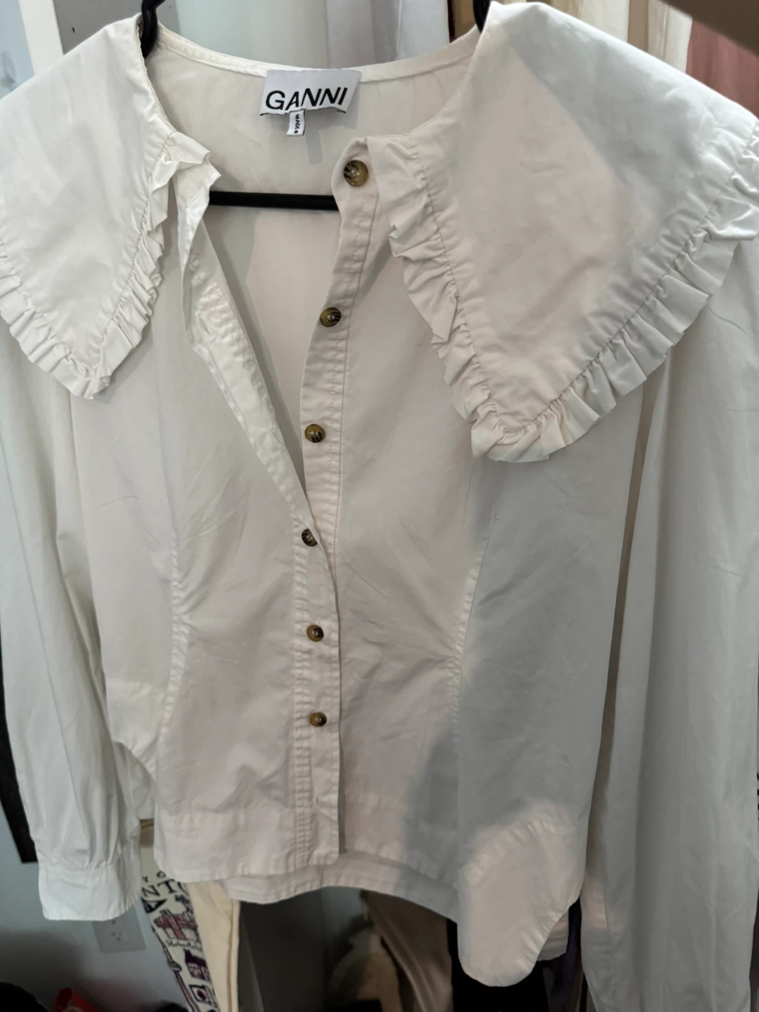 Authentic S Ganni white ruffled collar button-down shirt