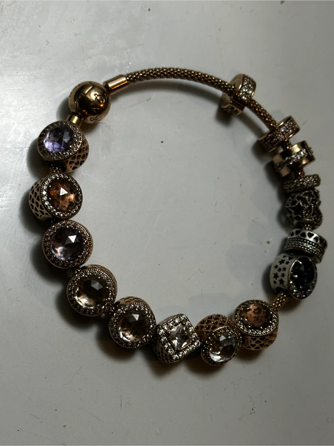 Pandora Rose Gold Mesh Bracelet with 15 Pave Charms