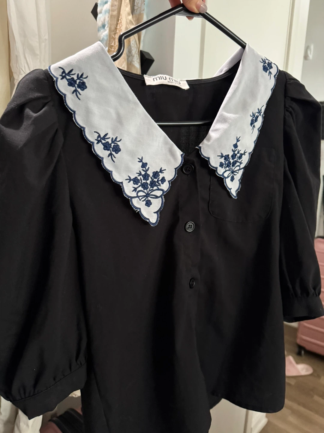 Authentic Miu Miu Black Blouse with Embroidered Collar