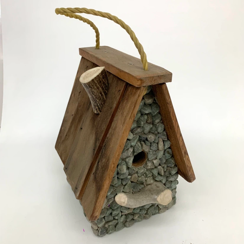 Rustic Birdhouse Wood Stone Outdoor Garden Decor Bird House