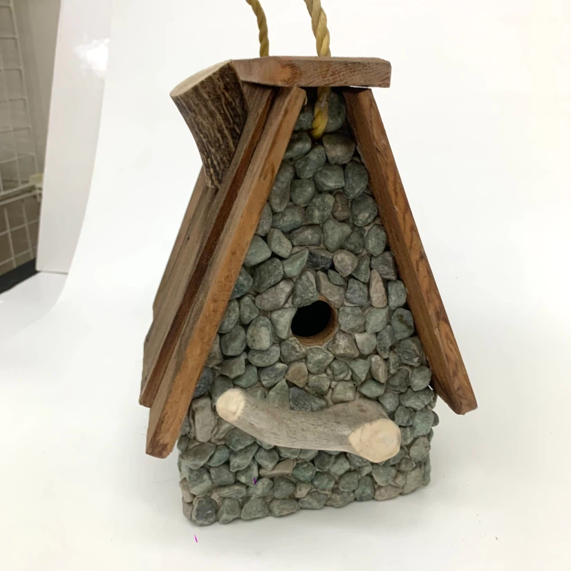 Rustic Birdhouse Wood Stone Outdoor Garden Decor Bird House - photo 2