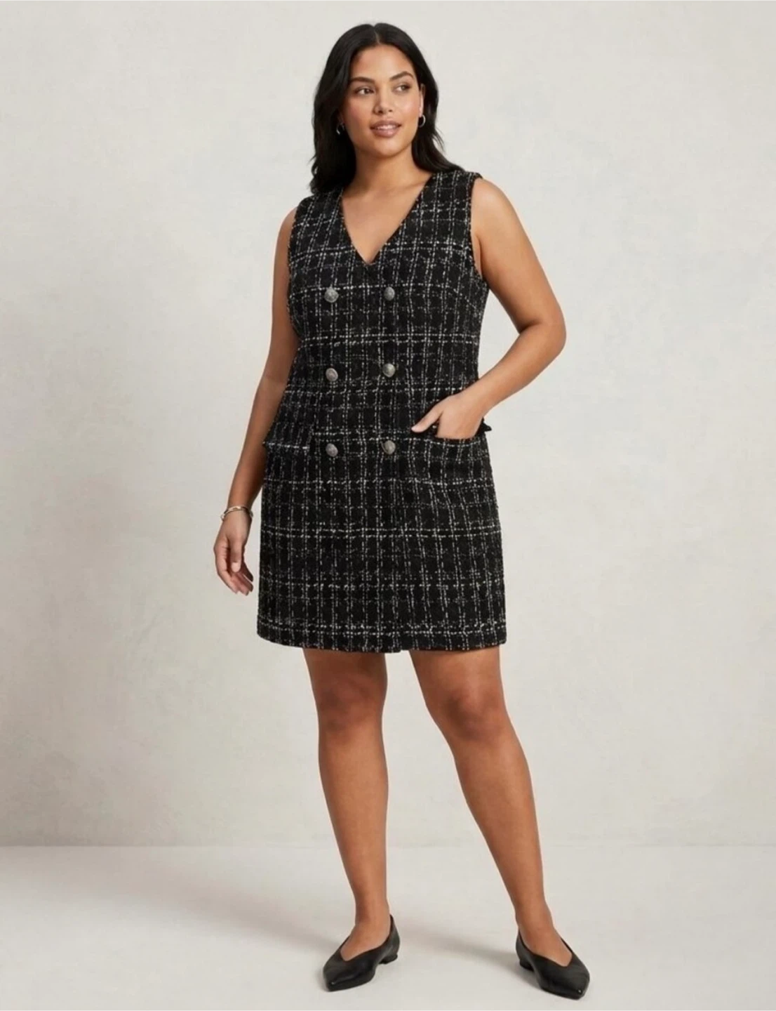 Joe Fresh Plaid Tweed Double-Breasted Vest Mini Dress - US L