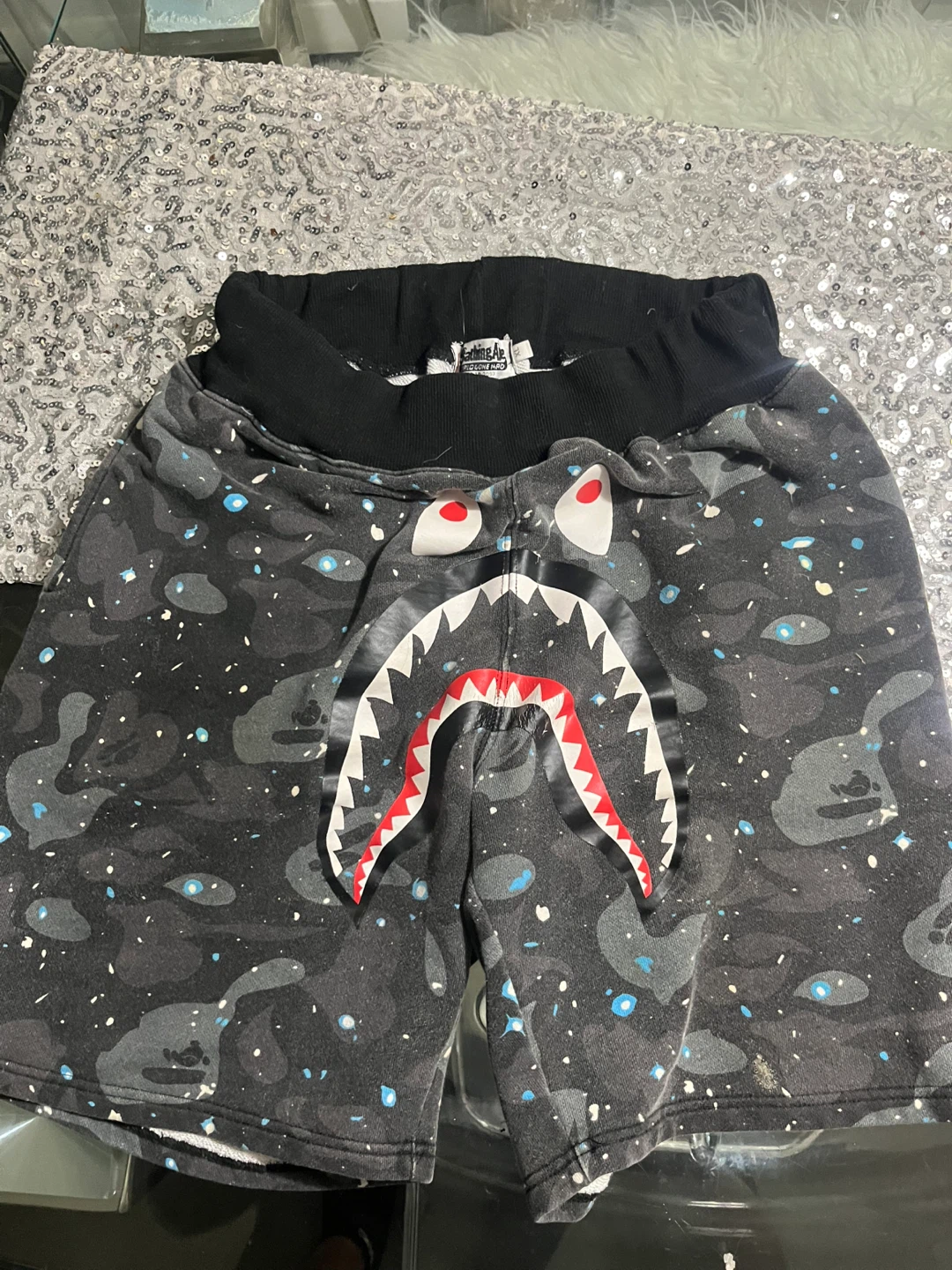 A Bathing Ape Shark Print Shorts galaxy camo XL