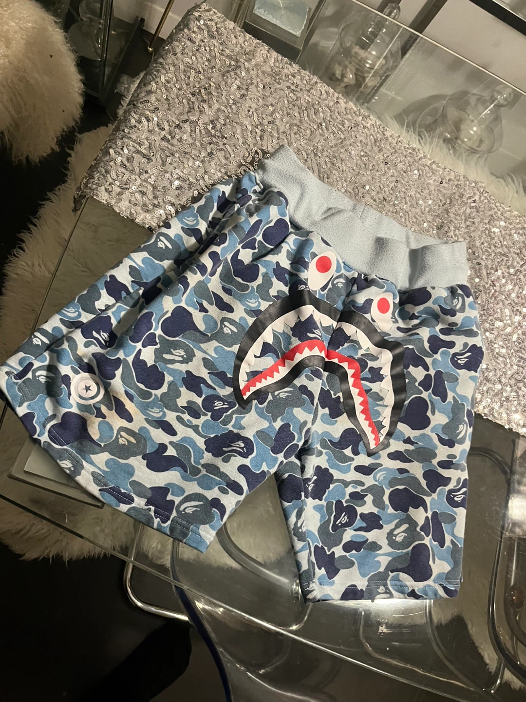 A Bathing Ape Bape blue Shark Camo Shorts size XL - photo 3