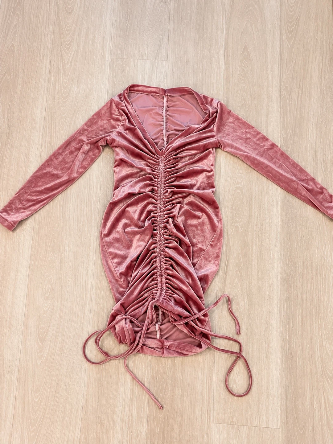 Pink Velvet Ruched Long Sleeve Dress