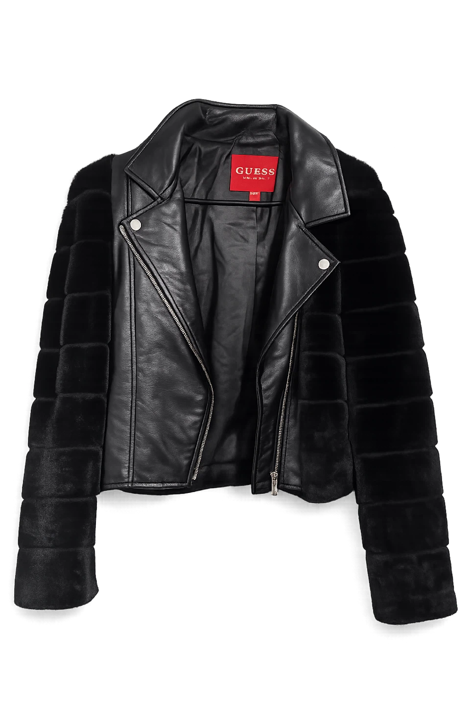 GUESS Black Faux Leather and Faux Fur Jacket