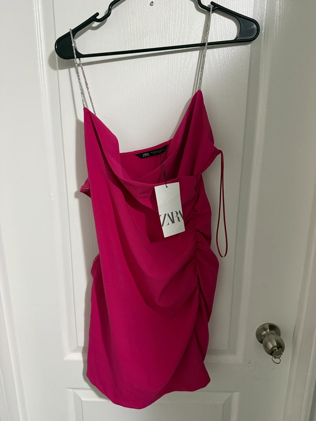 Zara Fuchsia Ruched Dress with Rhinestone Straps