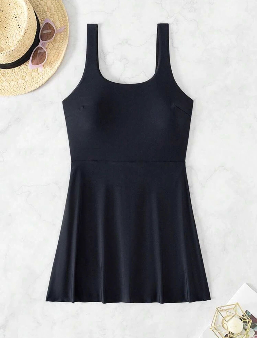 Black scoop neck swimsuit dress