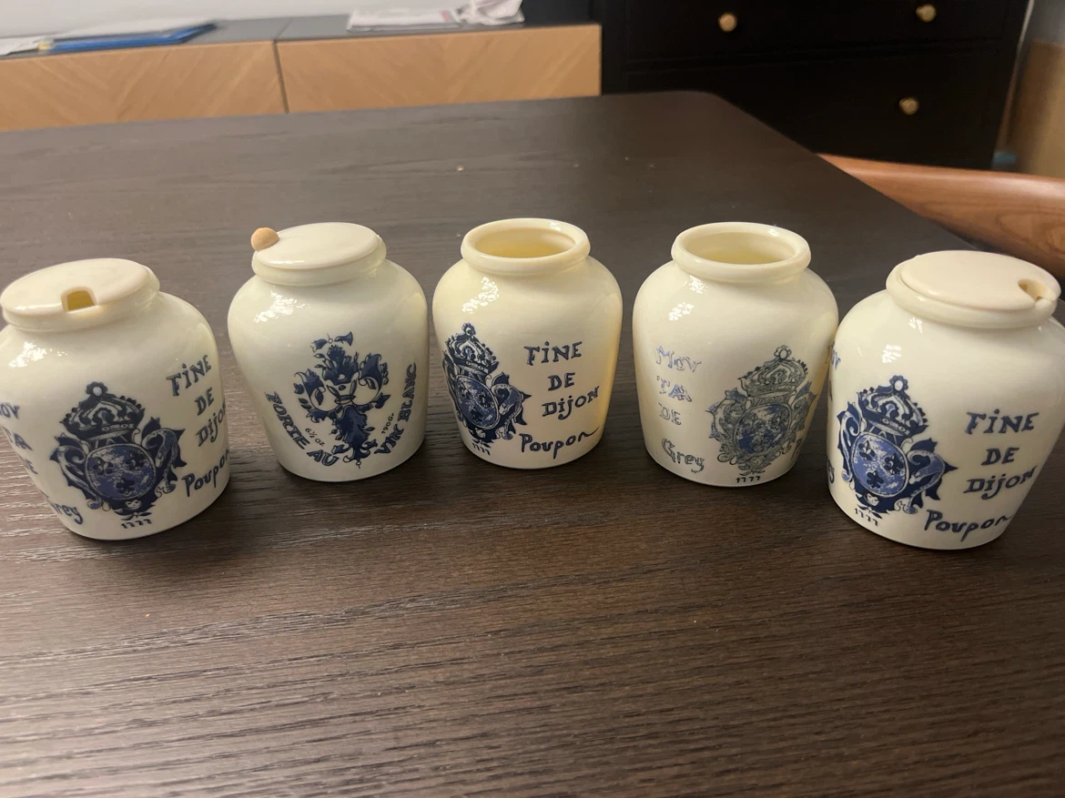 Set of 5 Vintage Grey Poupon Mustard Jars