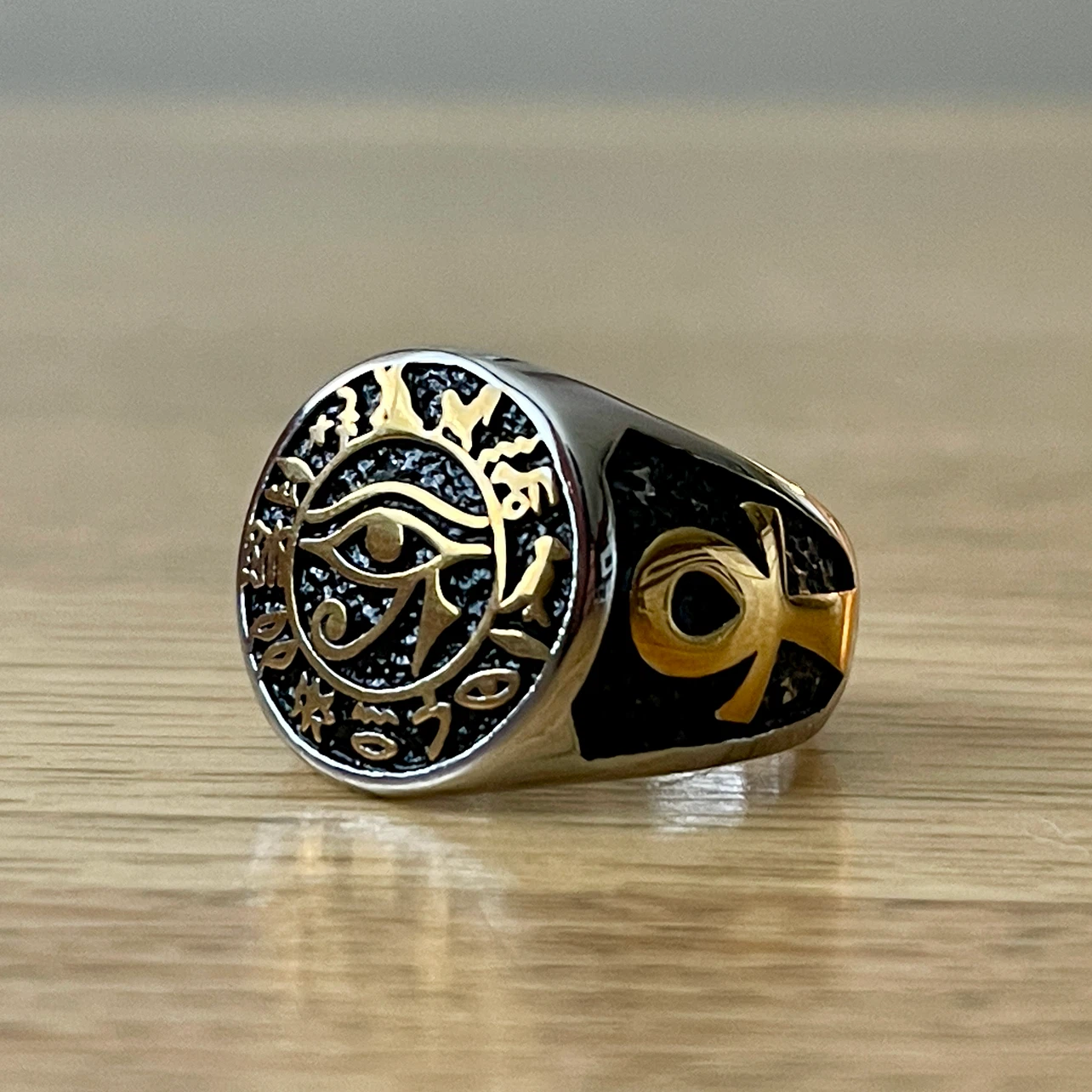 Ankh & Eye of Horus stainless steel ring (size 9)
