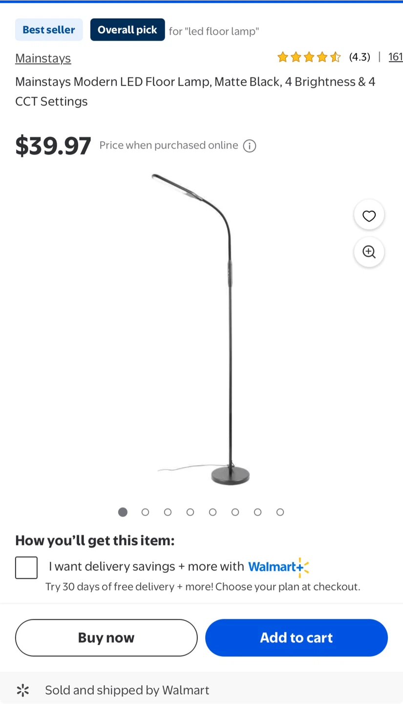 Mainstays Modern LED Floor Lamp, Matte Black