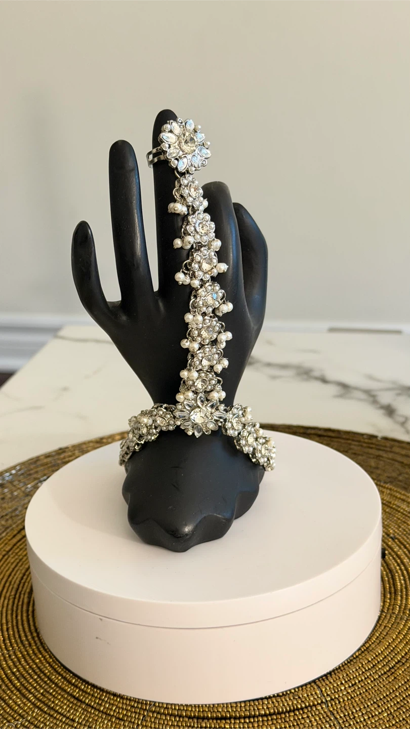 Silver-Tone Rhinestone and Pearl Hand Harness