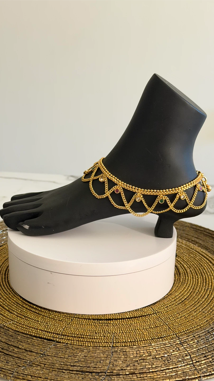 Gold plated chain anklet with colorful stones