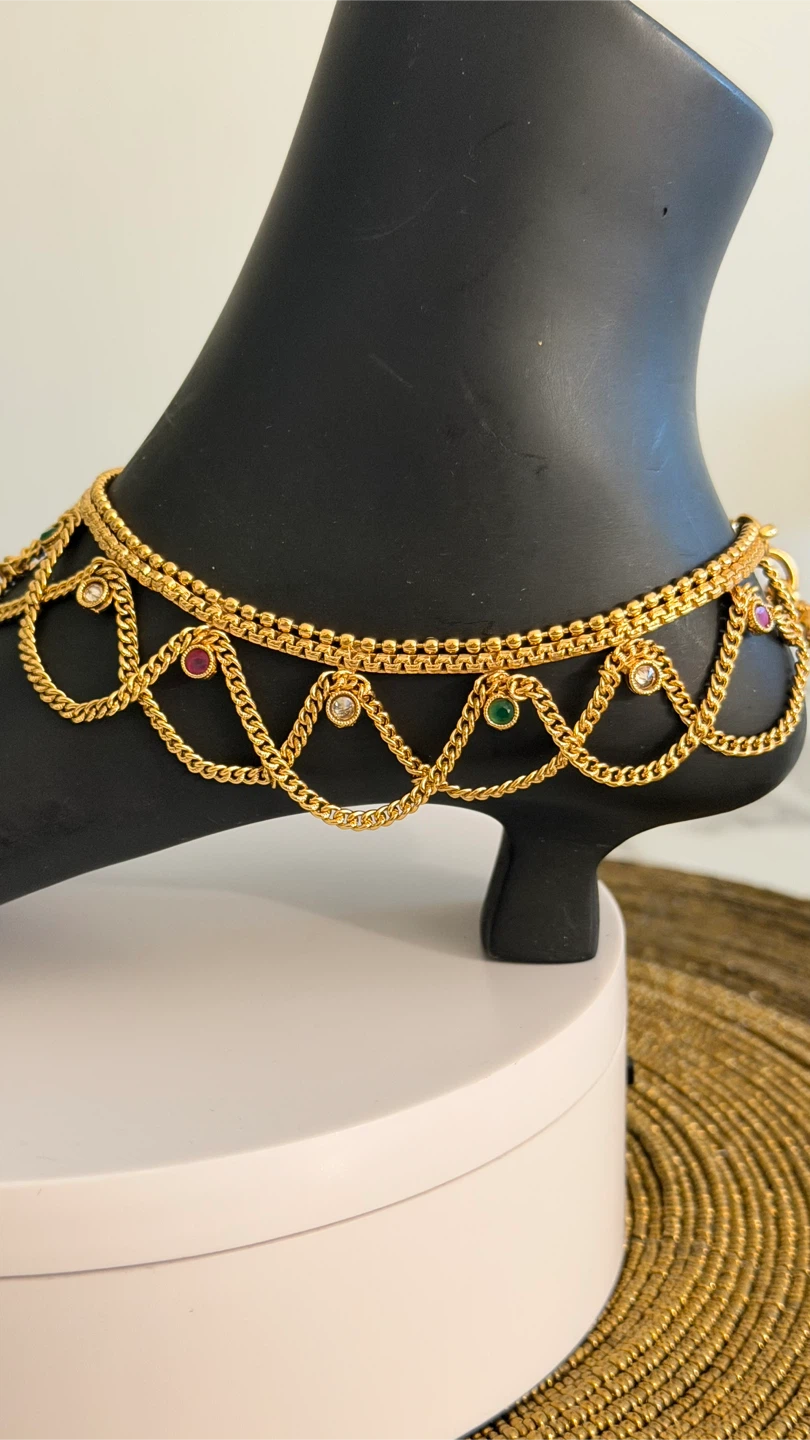 Gold plated chain anklet with colorful stones - photo 3
