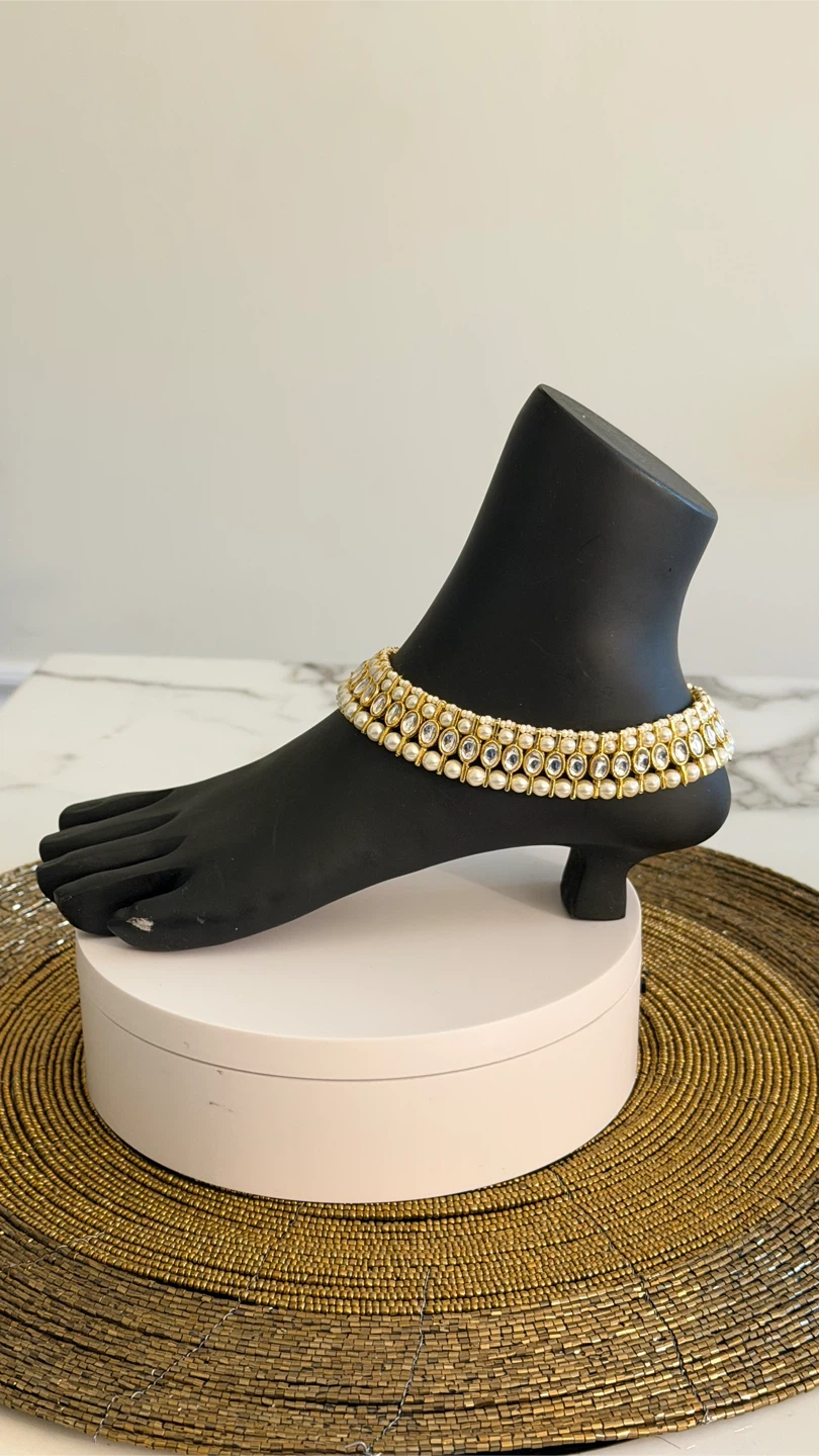 Gold-tone beaded anklet with faux stones