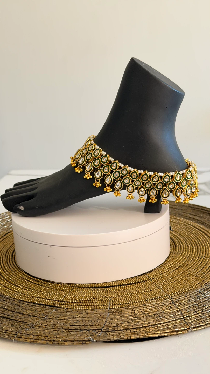 Gold-Tone Anklet with Green Enamel and Beads