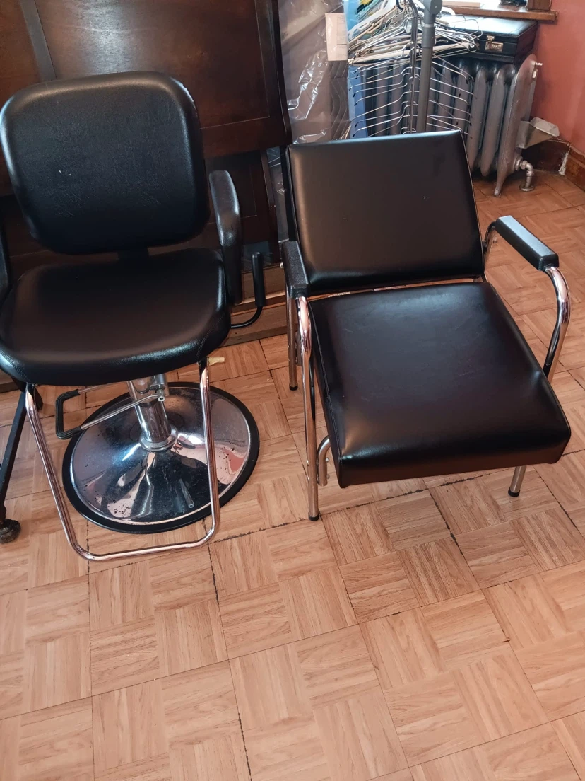 Two Salon Chairs, rolling cart and big mirror