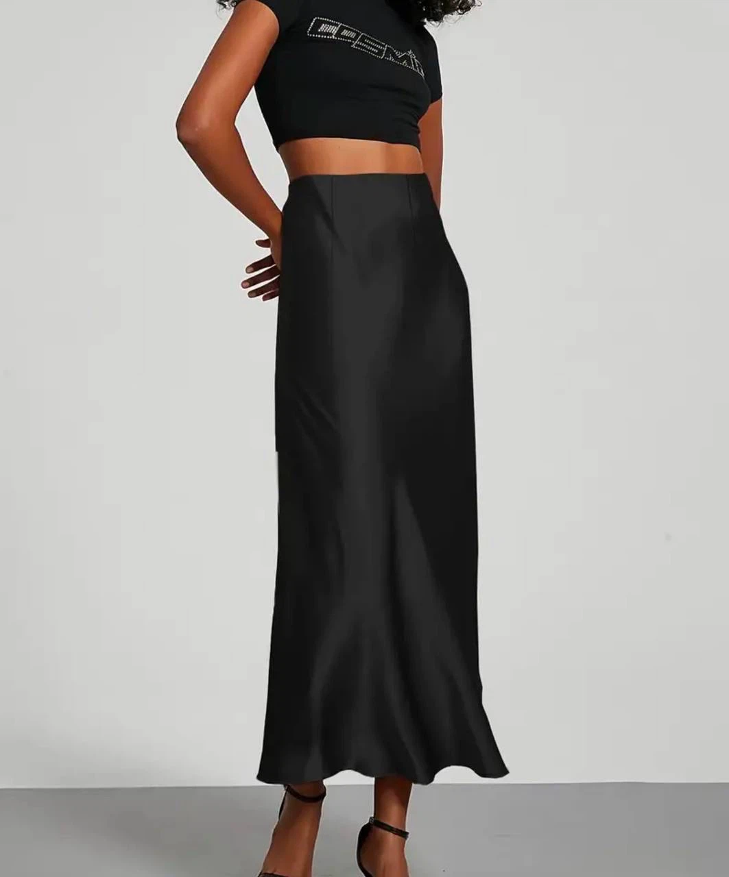 Black Satin Midi Skirt, size S - photo 3