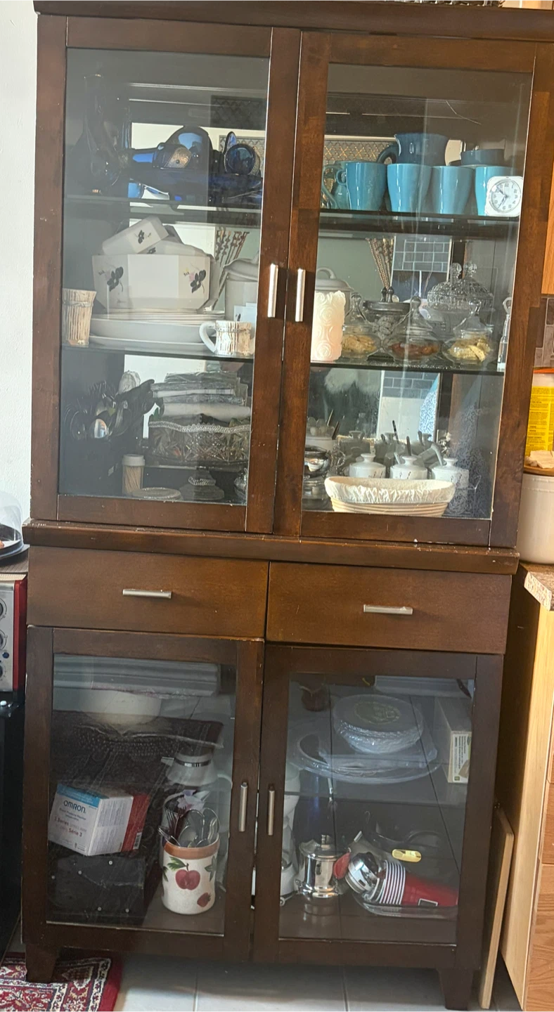 Dark Wood Dining Hutch with Glass Doors
