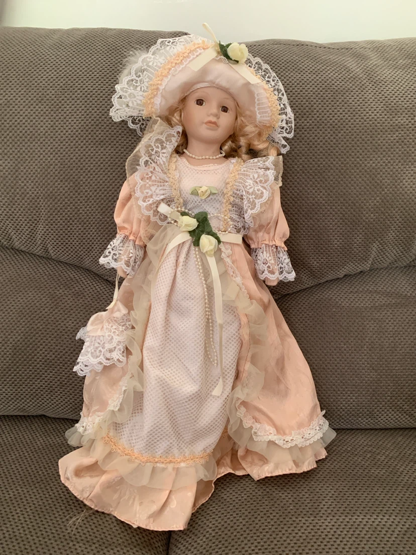 Vintage Porcelain Doll in Pink Lace Dress
