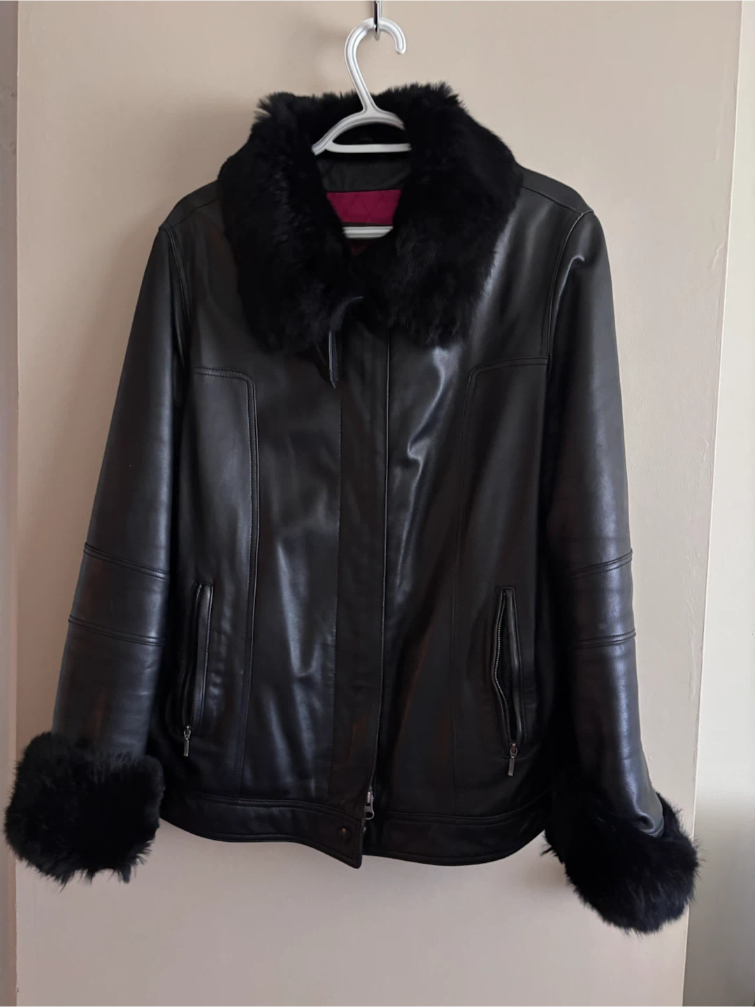 Black Leather Jacket with Fur Trim