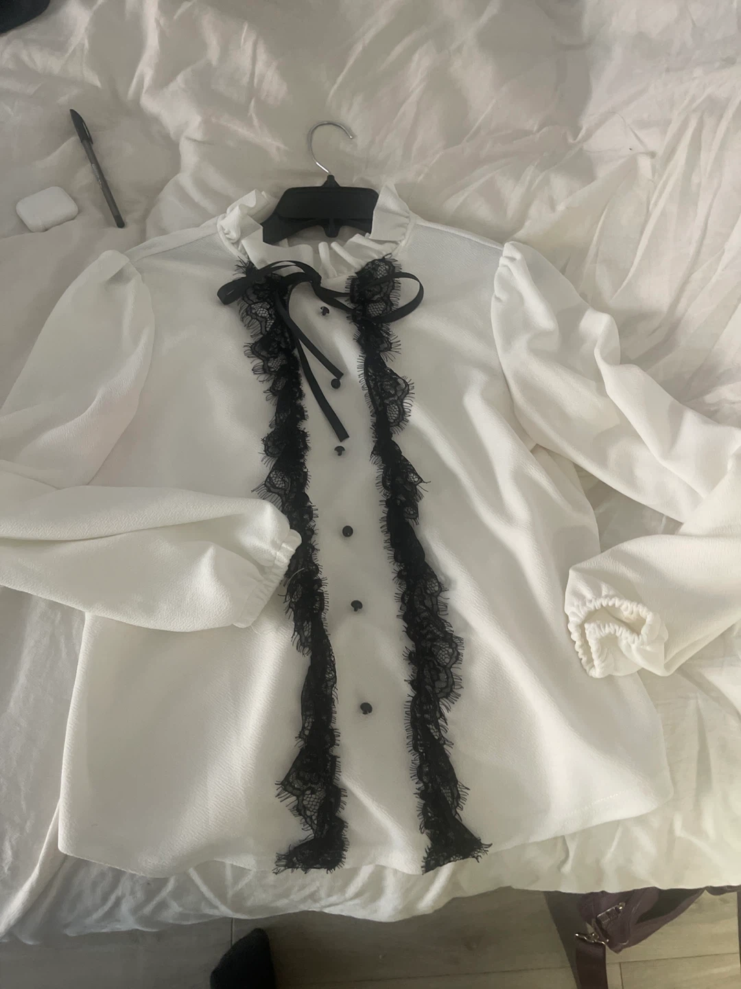 SHEIN White Blouse with Black Lace Trim