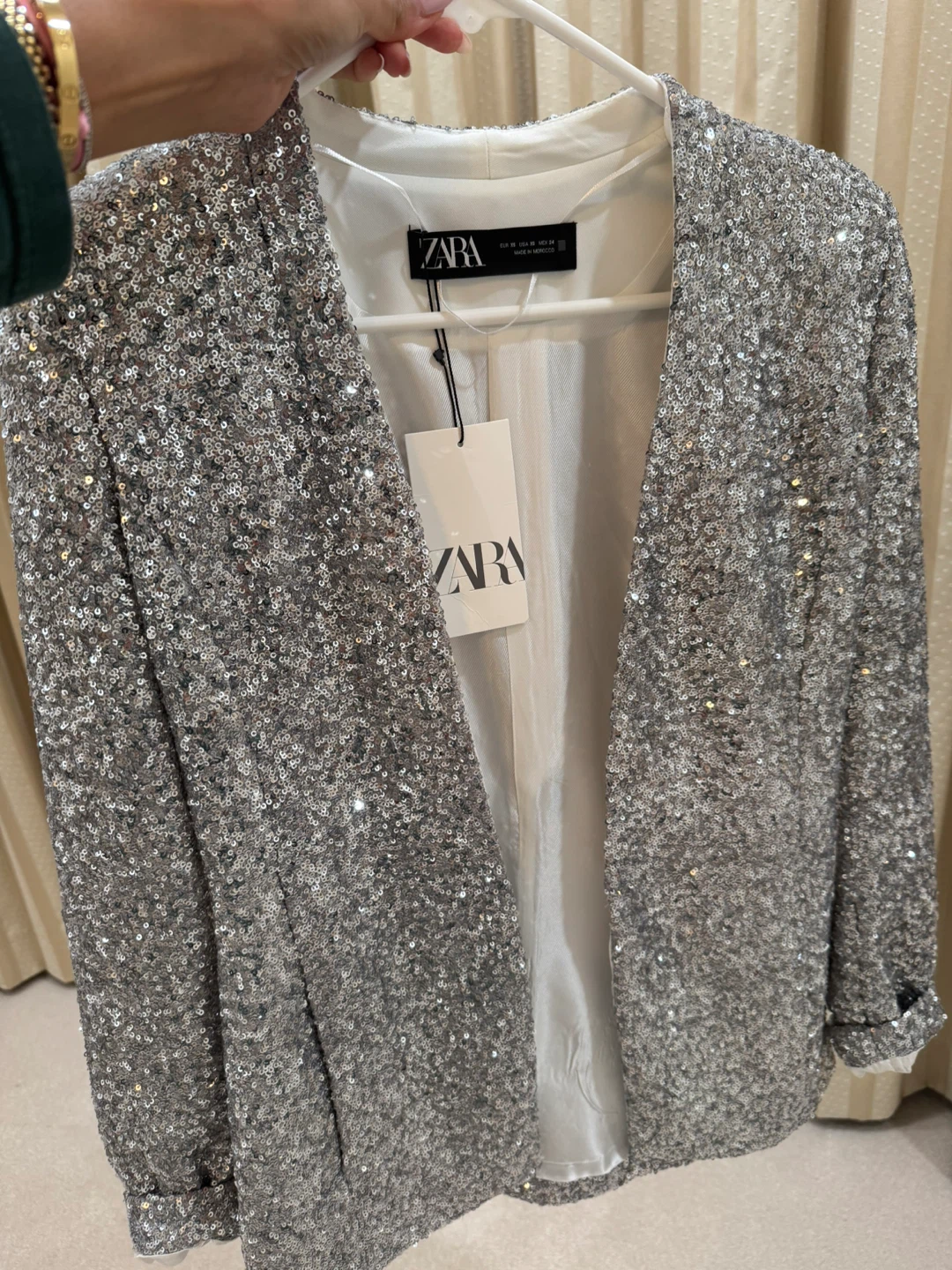 Zara silver sequin collarless blazer