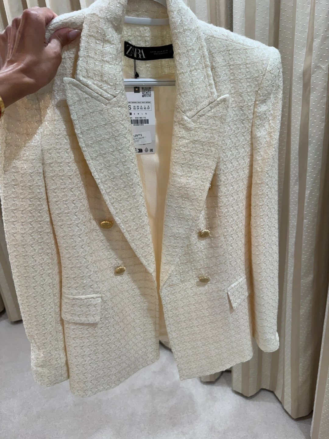 Zara tweed-style double-breasted blazer with gold buttons