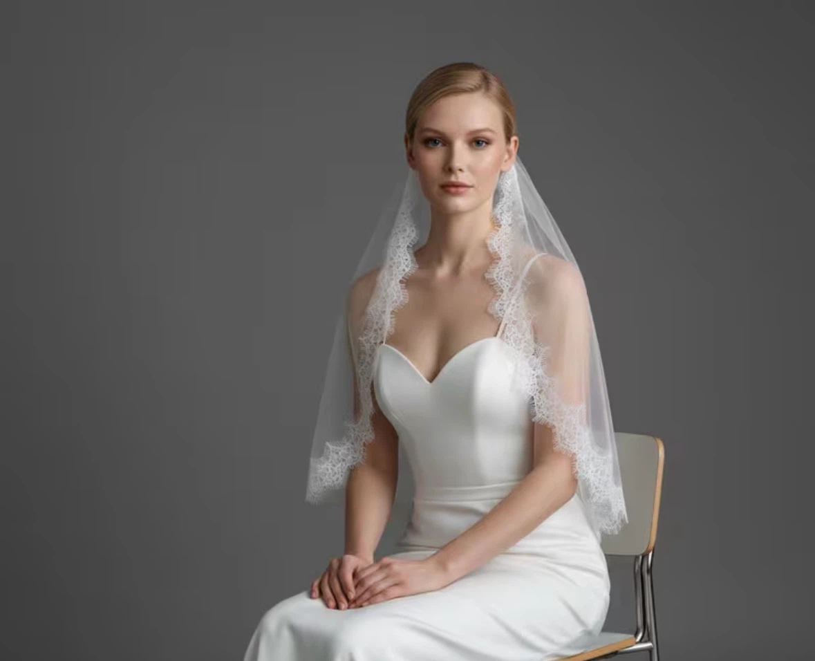 White lace trim wedding veil