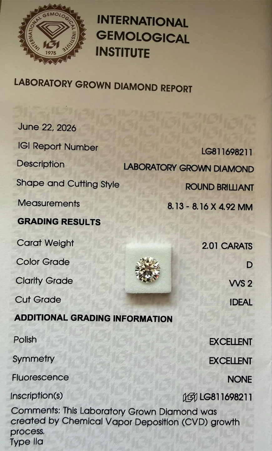 2.01 Carat Round Brilliant Lab Grown Diamond