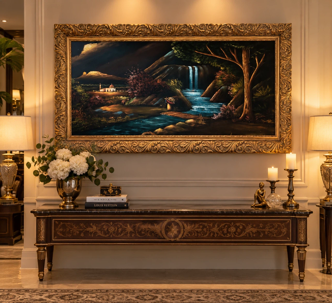 Large Landscape Oil Painting in Ornate Gold Frame