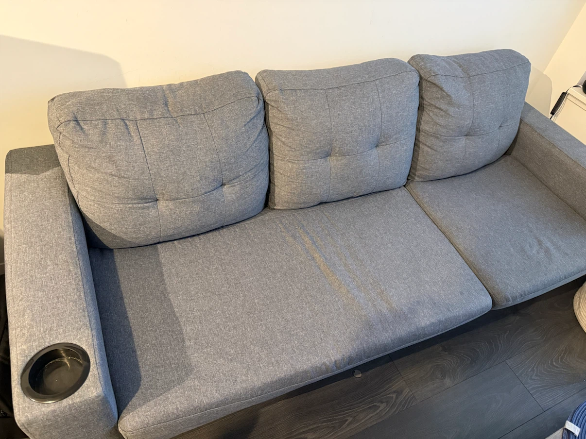 Grey Fabric Sofa with Cup Holder