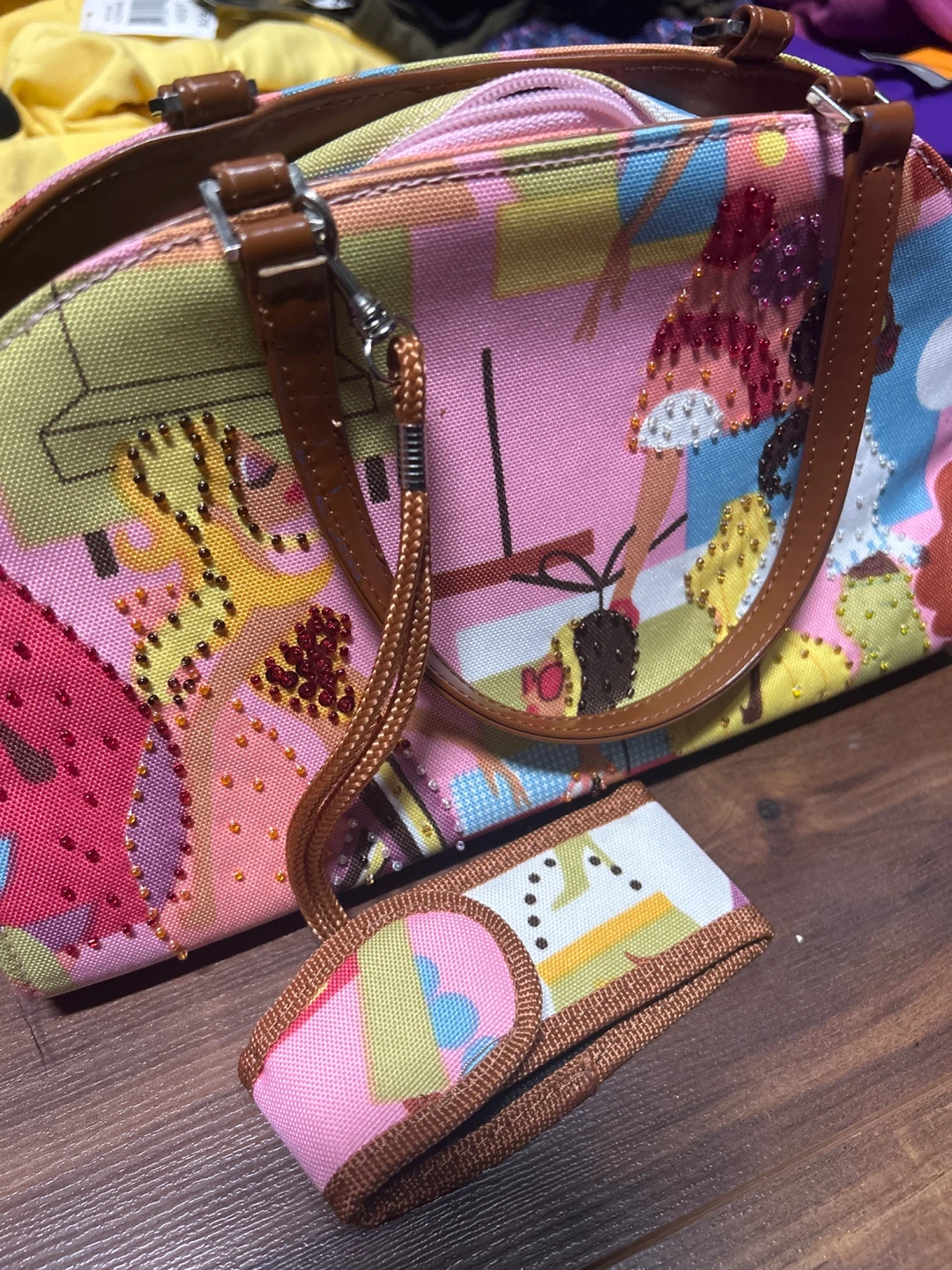 Brightly coloured patterned handbag