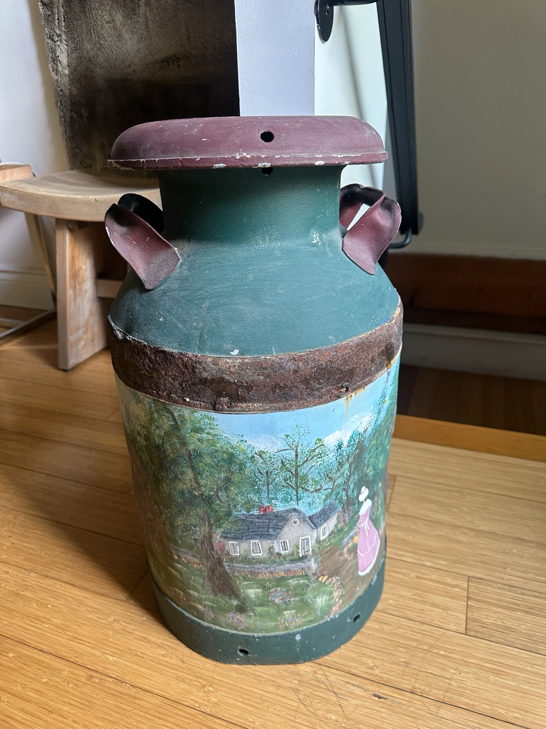 ANTIQUE VINTAGE MILK CAN CANADIAN FOLK ART PAINTING DECOR