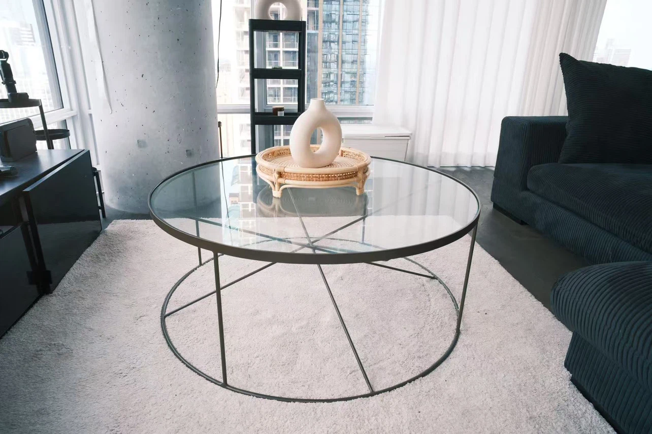 ETLE Round Glass Coffee Table with Metal Frame