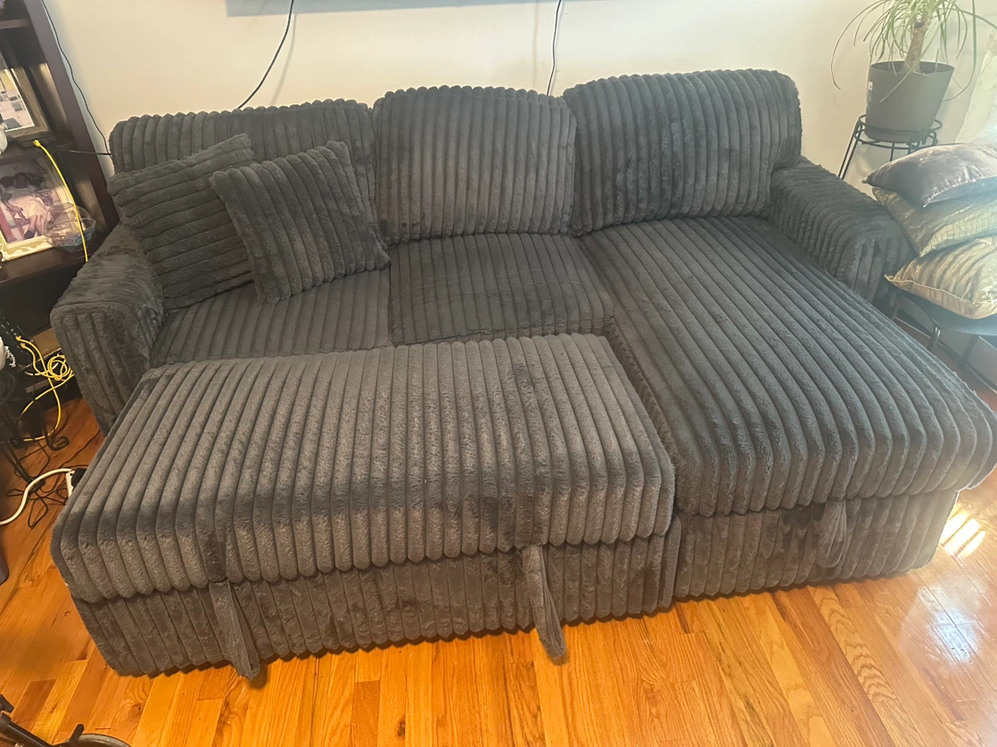 Dark Gray Corduroy Sectional Sofa with Pull-Out Bed