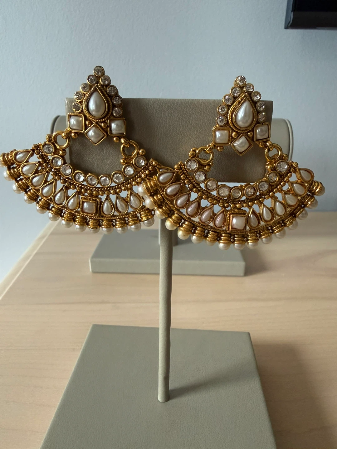 Gold-Tone Pearl and Stone Statement Earrings