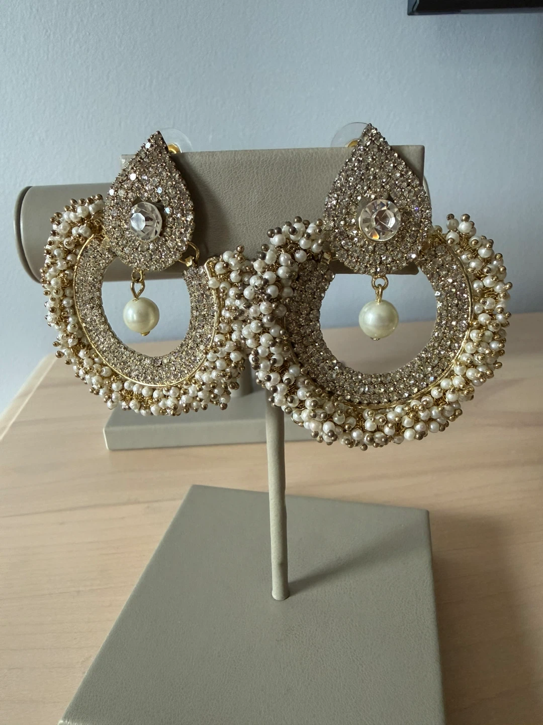 Decorative Pearl and Rhinestone Hoop Earrings