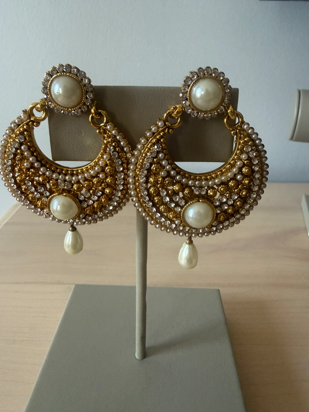 Gold-tone Statement Pearl and Crystal Chandeliers