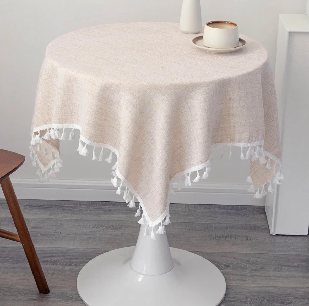 Beige Round Tablecloth with White Tassels