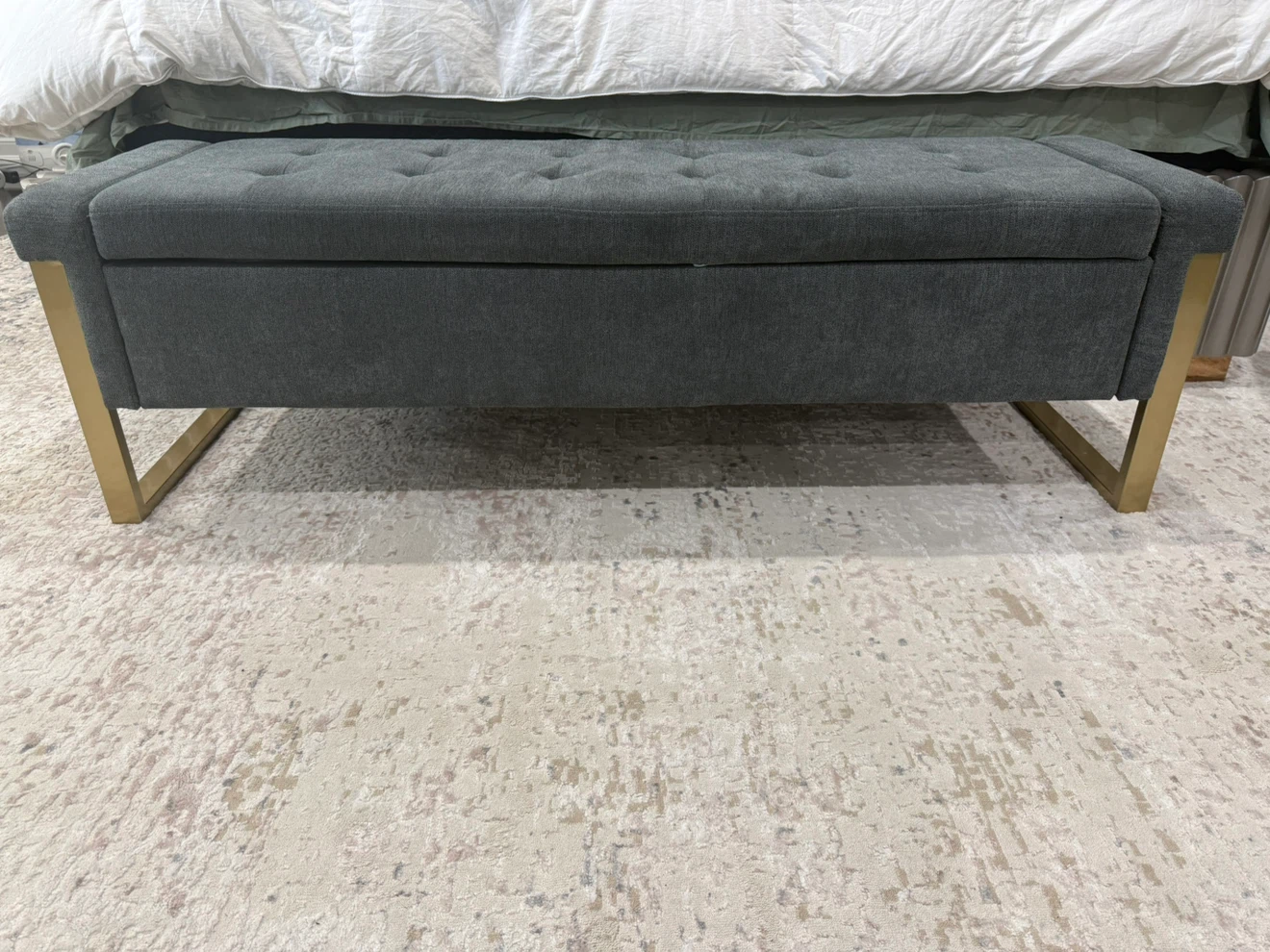 Modern Upholstered Storage Bench – Grey & Gold